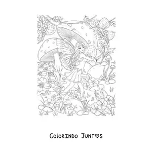 Desenho para colorir de linda fada realista com morangos e cogumelos em jardim magico