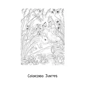 Desenho para colorir de linda fada dos animais sentada em jardim magico com borboleta e anta
