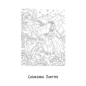 Desenho para colorir de linda fada dos animais sentada sobre um boi no bosque encantado