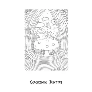 Desenho para colorir de fada bebe dormindo sobre um cogumelo em jardim magico