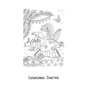 Desenho para colorir de menina fada de piquenique com um coelho em jardim magico
