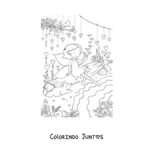 Desenho para colorir de menina fada com animais no bosque encantado