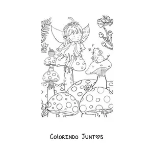 Desenho para colorir de menina fada sentada sobre um cogumelo com um rato no bosque encantado