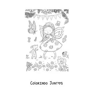 Desenho para colorir de menina fada dancando com um cachorro em jardim magico