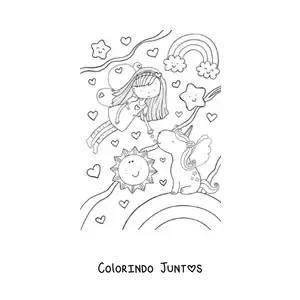 Desenho para colorir de menina fada voando com unicornio e arco-iris