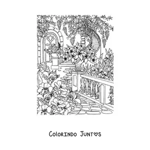 Desenho para colorir de jardim secreto com flores e escadas