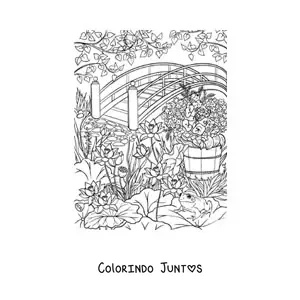 Desenho para colorir de jardim secreto com flores e uma ponte