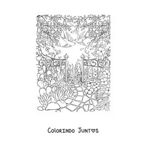 Desenho para colorir de jardim secreto com flores e passaros