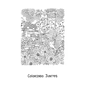 Desenho para colorir de jardim secreto com um balanco rodeado de flores e passaros