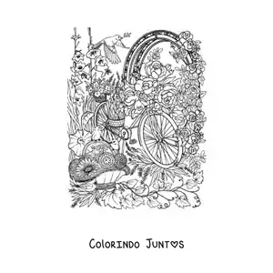 Desenho para colorir de bicicleta em um jardim secreto com flores e passaros