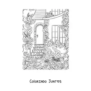 Desenho para colorir de casa com jardim secreto com flores