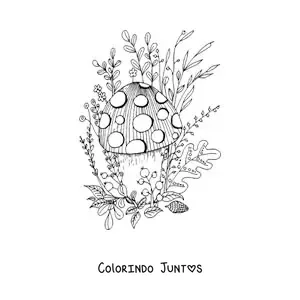Desenho para colorir de cogumelo com flores e plantas