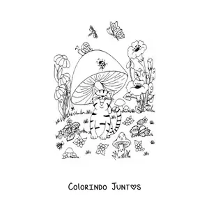 Desenho para colorir de gato animado com cogumelo e borboleta em jardim magico