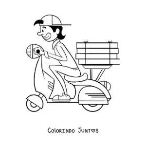 Desenho para colorir de um entregador de pizza em uma motocicleta