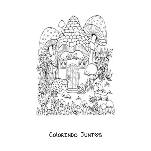 Desenho para colorir de porco-espinho e animais do bosque magico em casa em forma de cogumelo
