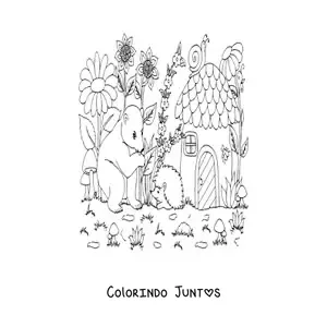 Desenho para colorir de urso e animais do bosque magico em casa em forma de cogumelo