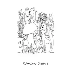 Desenho para colorir de gato e ratos em jardim magico