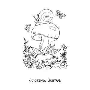 Desenho para colorir de cogumelo com caracol e borboletas no bosque magico