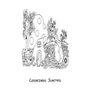 Desenho para colorir de fofo porco-espinho junto a casa do bosque magico
