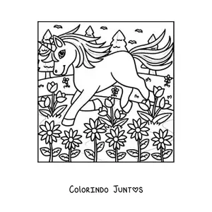 Desenho para colorir de unicornio trotando em jardim magico