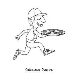 Desenho para colorir de um entregador de pizza caminhando