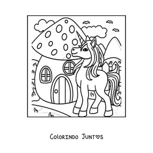 Desenho para colorir de unicornio junto a casa em forma de cogumelo no bosque encantado