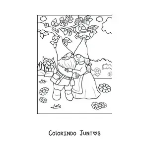 Desenho para colorir de casal de gnomos abracados no jardim