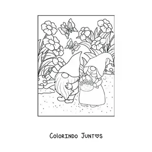 Desenho para colorir de casal de gnomos colhendo flores no jardim