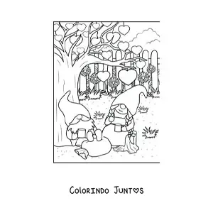 Desenho para colorir de casal de gnomos apaixonados tomando cafe no jardim