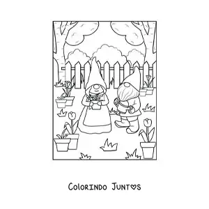 Desenho para colorir de casal de gnomos plantando no jardim