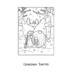 Desenho para colorir de casal de gnomos apaixonados no inverno