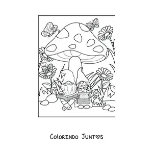 Desenho para colorir de casal de gnomos lendo embaixo de um cogumelo