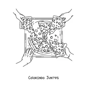 Desenho para colorir de varias maos pegando fatias de uma pizza em uma caixa