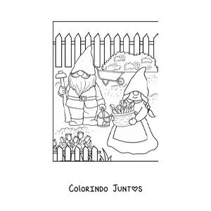 Desenho para colorir de casal de gnomos plantando flores no jardim