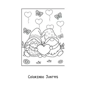 Desenho para colorir de casal de gnomos apaixonados no Dia dos Namorados
