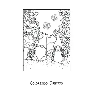 Desenho para colorir de casal de gnomos apaixonados em jardim com borboletas e flores