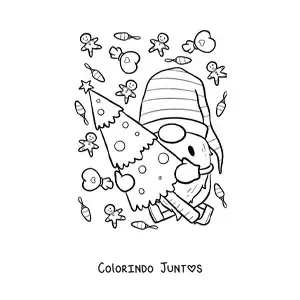 Desenho para colorir de gnomo natalino com arvorezinha