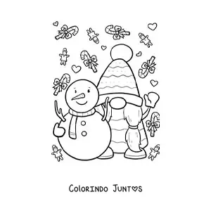 Desenho para colorir de gnomo natalino com boneco de neve