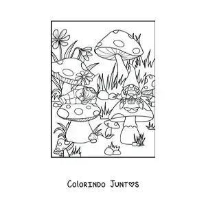 Desenho para colorir de casal de gnomos sentados em cogumelos