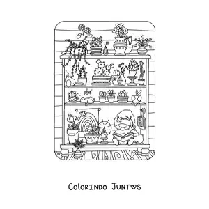 Desenho para colorir de gnomo lendo em uma estante com plantas