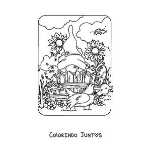 Desenho para colorir de gnomo fofo em jardim com flores