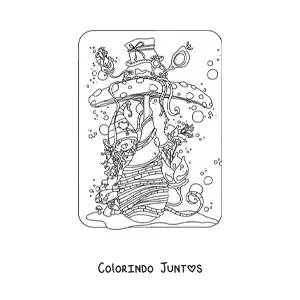 Desenho para colorir de gnomo fofo escondido atras de um cogumelo