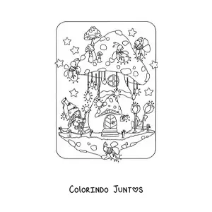 Desenho para colorir de gnomo magico e vaga-lumes animados em casa em forma de cogumelo