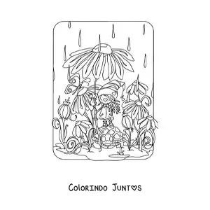 Desenho para colorir de gnomo kawaii usando uma flor como guarda-chuva