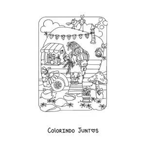 Desenho para colorir de mulher gnomo em sua casa mágica