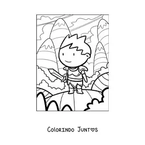 Desenho para colorir de cavaleiro animado com espada nas montanhas