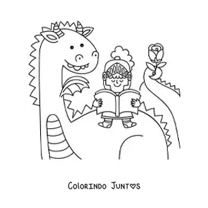 Desenho para colorir de cavaleiro kawaii lendo um livro sentado em um dragão