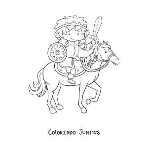 Desenho para colorir de cavaleiro animado com espada e escudo montando a cavalo