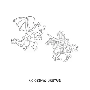 Desenho para colorir de cavaleiro heroico animado lutando contra um dragão
