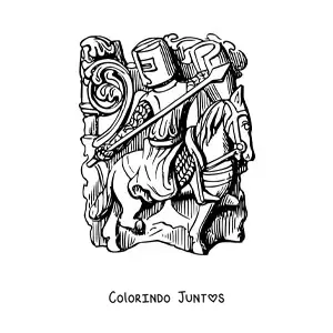 Desenho para colorir de cavaleiro com lança e escudo em seu corcel